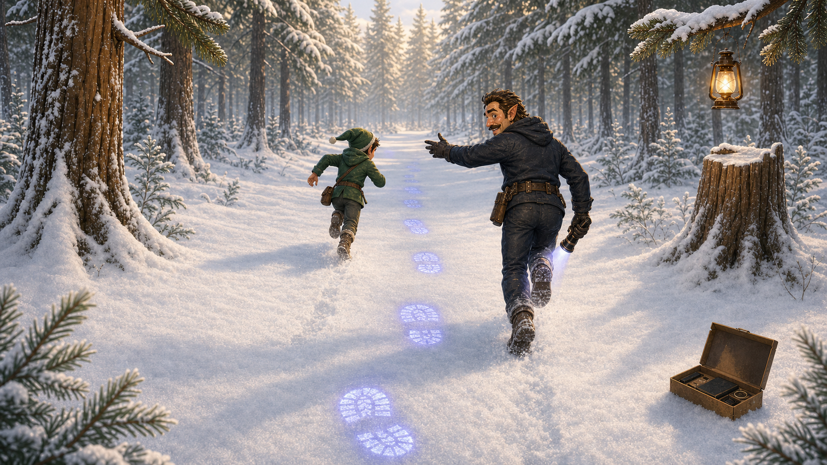 Illustrative wide view of a Junior Agent following glowing footprints through a snowy forest with a DMD field agent.